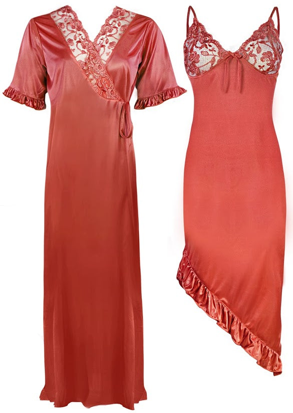 Coral / One Size High Low Classy Satin Nightdress with Robe The Orange Tags