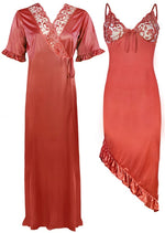 Load image into Gallery viewer, Coral / One Size High Low Classy Satin Nightdress with Robe The Orange Tags
