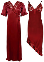 Load image into Gallery viewer, Deep Red / One Size High Low Classy Satin Nightdress with Robe The Orange Tags

