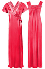 Načíst obrázek do prohlížeče Galerie, Coral Pink / One Size WOMENS LONG SATIN CHEMISE NIGHTIE NIGHTDRESS LADIES DRESSING GOWN 2PC SET 8-16 The Orange Tags
