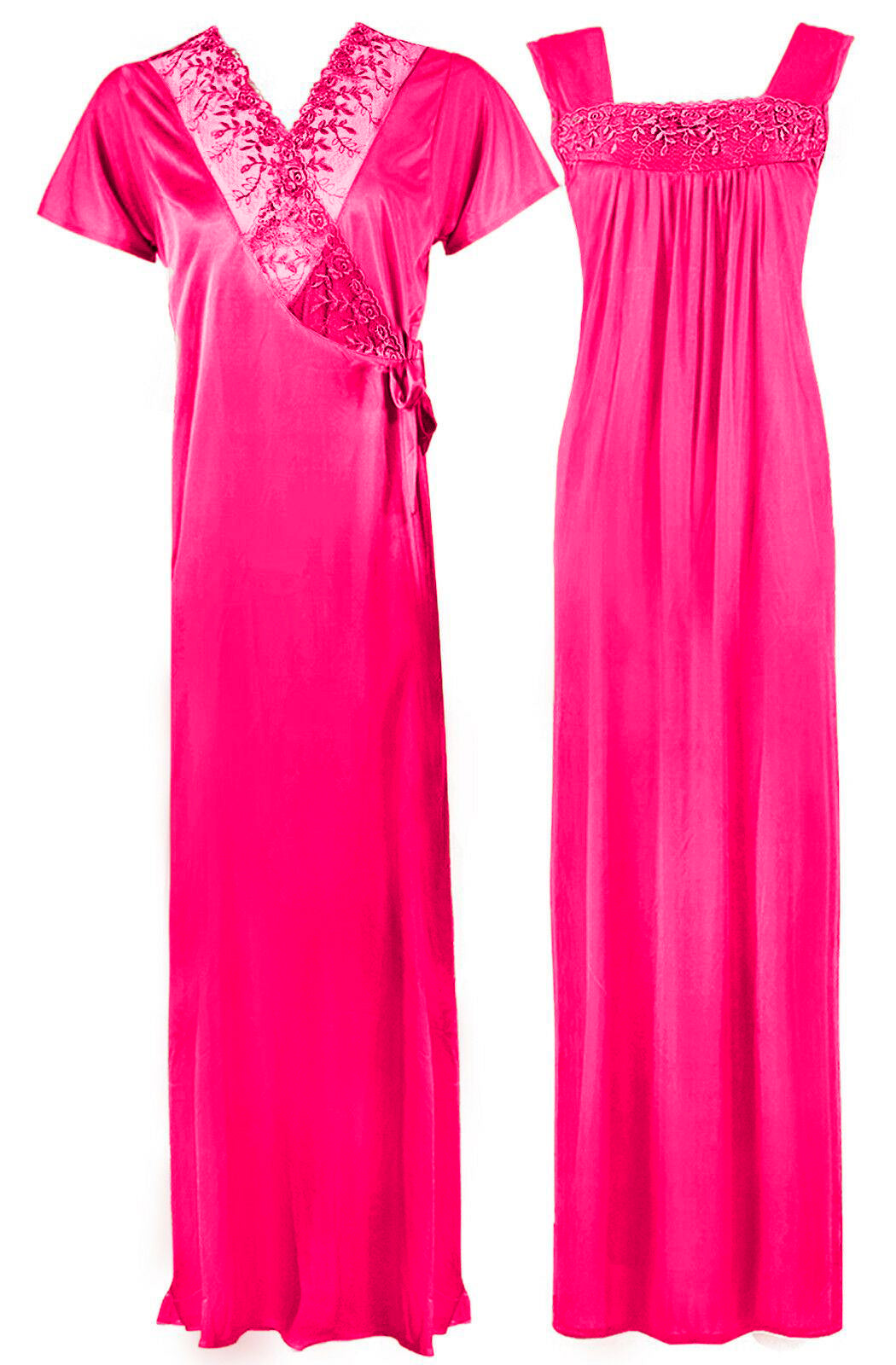 Rose Pink / One Size WOMENS LONG SATIN CHEMISE NIGHTIE NIGHTDRESS LADIES DRESSING GOWN 2PC SET 8-16 The Orange Tags