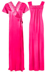 Načíst obrázek do prohlížeče Galerie, Rose Pink / One Size WOMENS LONG SATIN CHEMISE NIGHTIE NIGHTDRESS LADIES DRESSING GOWN 2PC SET 8-16 The Orange Tags
