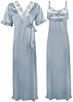 Load image into Gallery viewer, Silver / One Size Satin Nighty And Robe 2 Pcs Nightdress The Orange Tags
