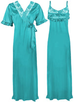 Charger l&#39;image dans la galerie, Teal / One Size Satin Nighty And Robe 2 Pcs Nightdress The Orange Tags
