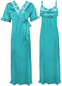 Teal / One Size Satin Nighty And Robe 2 Pcs Nightdress The Orange Tags