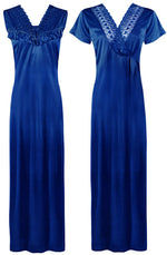 Load image into Gallery viewer, Blue / One Size Women Satin Long Nighty and Housecoat The Orange Tags
