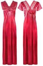 Load image into Gallery viewer, Cerise / One Size Women Satin Long Nighty and Housecoat The Orange Tags
