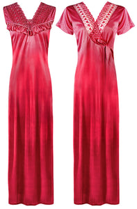 Cerise / One Size Women Satin Long Nighty and Housecoat The Orange Tags