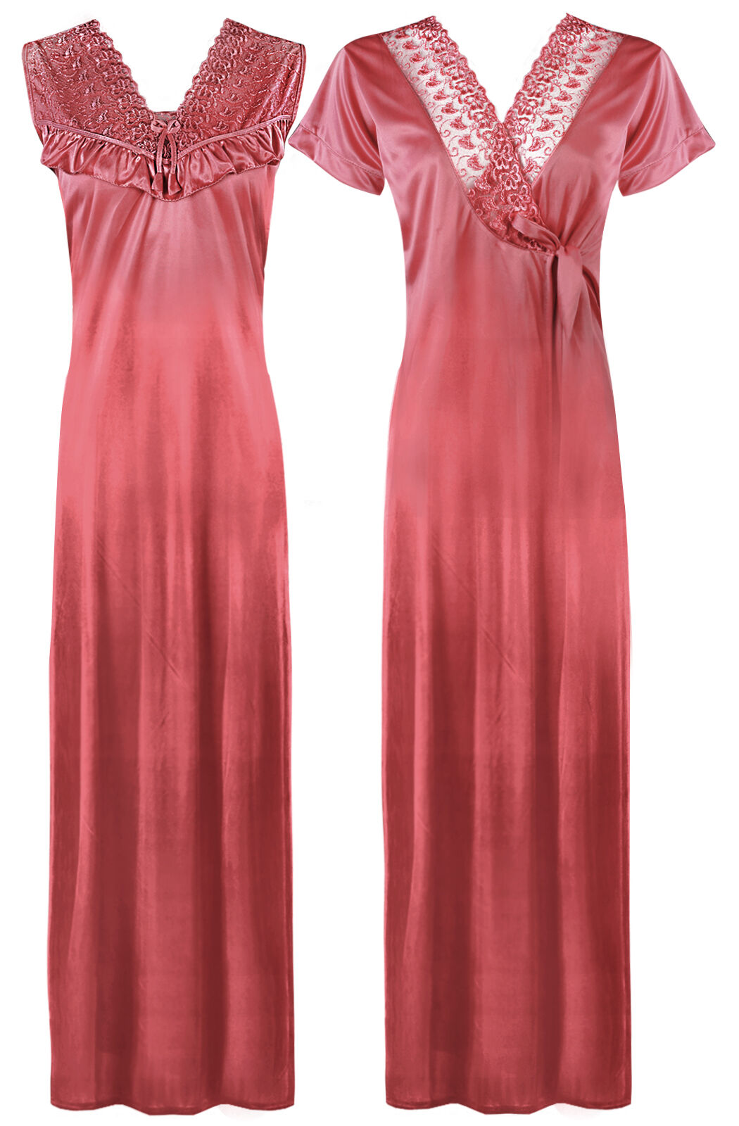 Coral Pink / One Size Women Satin Long Nighty and Housecoat The Orange Tags