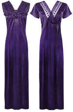 Загрузить изображение в средство просмотра галереи, Dark Purple / One Size Women Satin Long Nighty and Housecoat The Orange Tags
