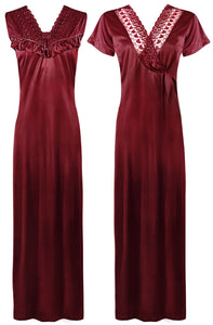 Deep Red / One Size Women Satin Long Nighty and Housecoat The Orange Tags