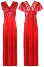 Load image into Gallery viewer, Red / One Size Women Satin Long Nighty and Housecoat The Orange Tags
