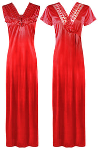 Red / One Size Women Satin Long Nighty and Housecoat The Orange Tags