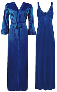 Royal Blue / XL ELEGANT DESIGNER WOMENS LONG NIGHTIE LADIES FULL SLEEVE NIGHTWEAR SET 8-14 The Orange Tags