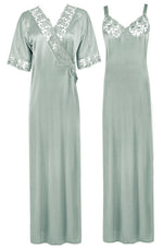 Load image into Gallery viewer, Grey / XL Women Satin Nighty with Robe Nightdress The Orange Tags
