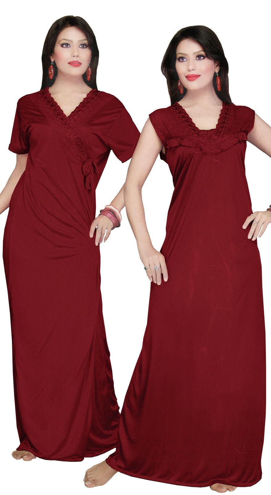 Deep Red / One Size: Regular (8-14) Women Long Nighty with Robe The Orange Tags