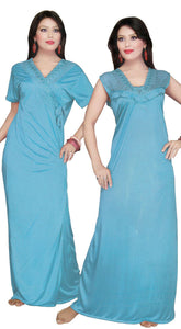 Sky Blue / One Size: Regular (8-14) Women Long Nighty with Robe The Orange Tags