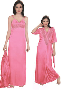 Baby Pink / One Size: Regular Women Strappy 2 Pcs Satin Long Nighty and Robe The Orange Tags