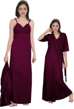 Load image into Gallery viewer, Dark Purple / One Size: Regular Women Strappy 2 Pcs Satin Long Nighty and Robe The Orange Tags

