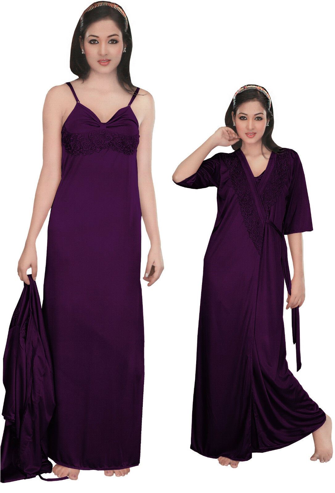 Dark Purple 1 / One Size: Regular Women Strappy 2 Pcs Satin Long Nighty and Robe The Orange Tags