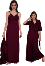 Charger l&#39;image dans la galerie, Dark Wine / One Size: Regular Women Strappy 2 Pcs Satin Long Nighty and Robe The Orange Tags
