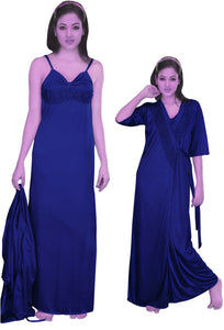 Royal Blue / One Size: Regular Women Strappy 2 Pcs Satin Long Nighty and Robe The Orange Tags