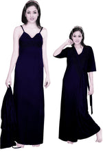 Load image into Gallery viewer, Navy / One Size: Regular Women Strappy 2 Pcs Satin Long Nighty and Robe The Orange Tags
