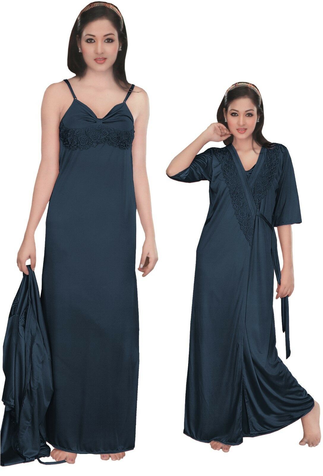 Midnight Blue / One Size: Regular Women Strappy 2 Pcs Satin Long Nighty and Robe The Orange Tags
