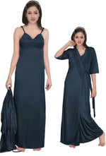 Load image into Gallery viewer, Midnight Blue / One Size: Regular Women Strappy 2 Pcs Satin Long Nighty and Robe The Orange Tags
