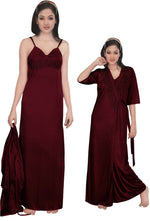 Charger l&#39;image dans la galerie, Deep Red / One Size: Regular Women Strappy 2 Pcs Satin Long Nighty and Robe The Orange Tags
