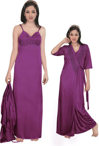 Light Purple / One Size: Regular Women Strappy 2 Pcs Satin Long Nighty and Robe The Orange Tags