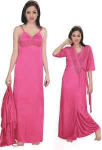 Pink / One Size: Regular Women Strappy 2 Pcs Satin Long Nighty and Robe The Orange Tags