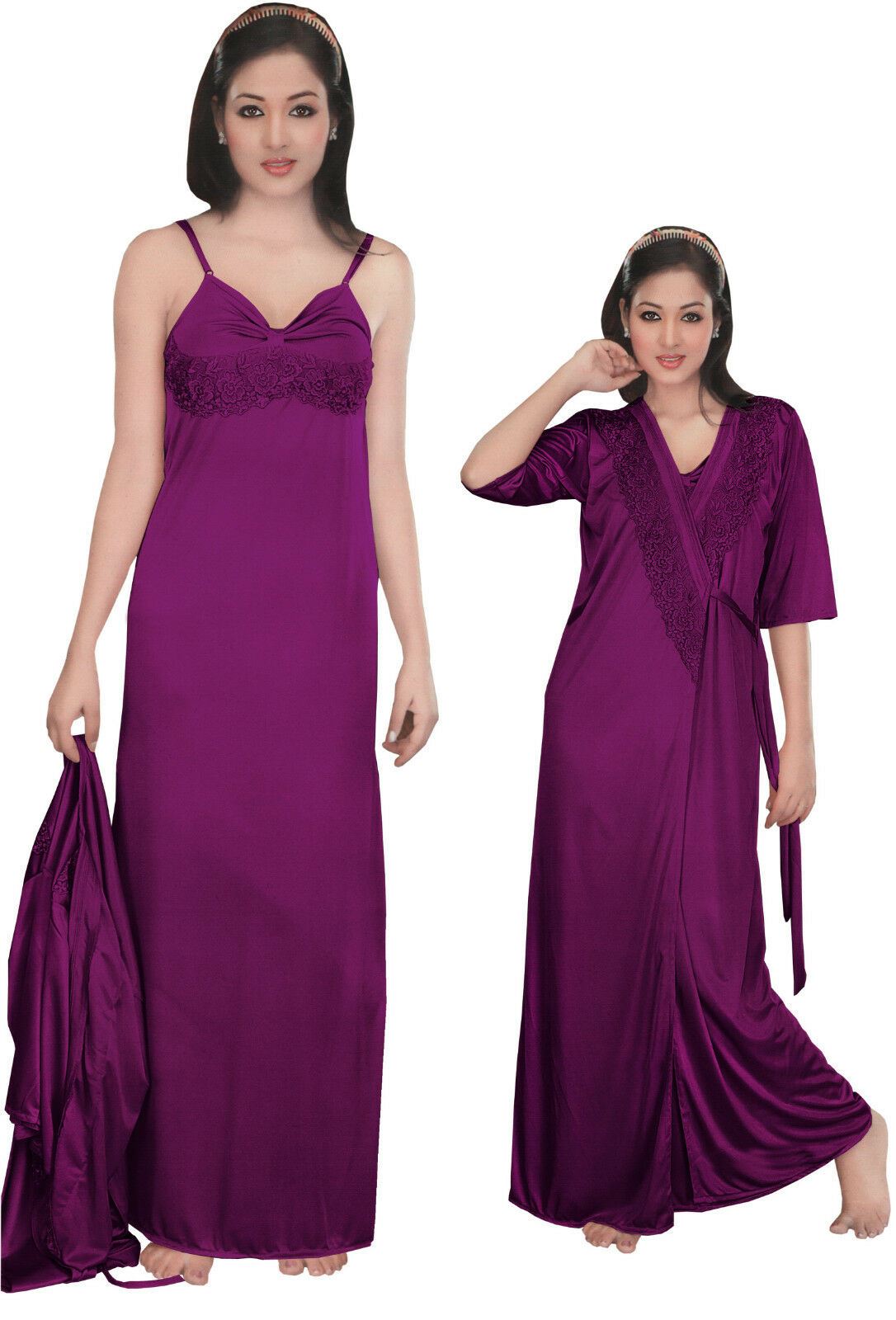 Purple / One Size: Regular Women Strappy 2 Pcs Satin Long Nighty and Robe The Orange Tags