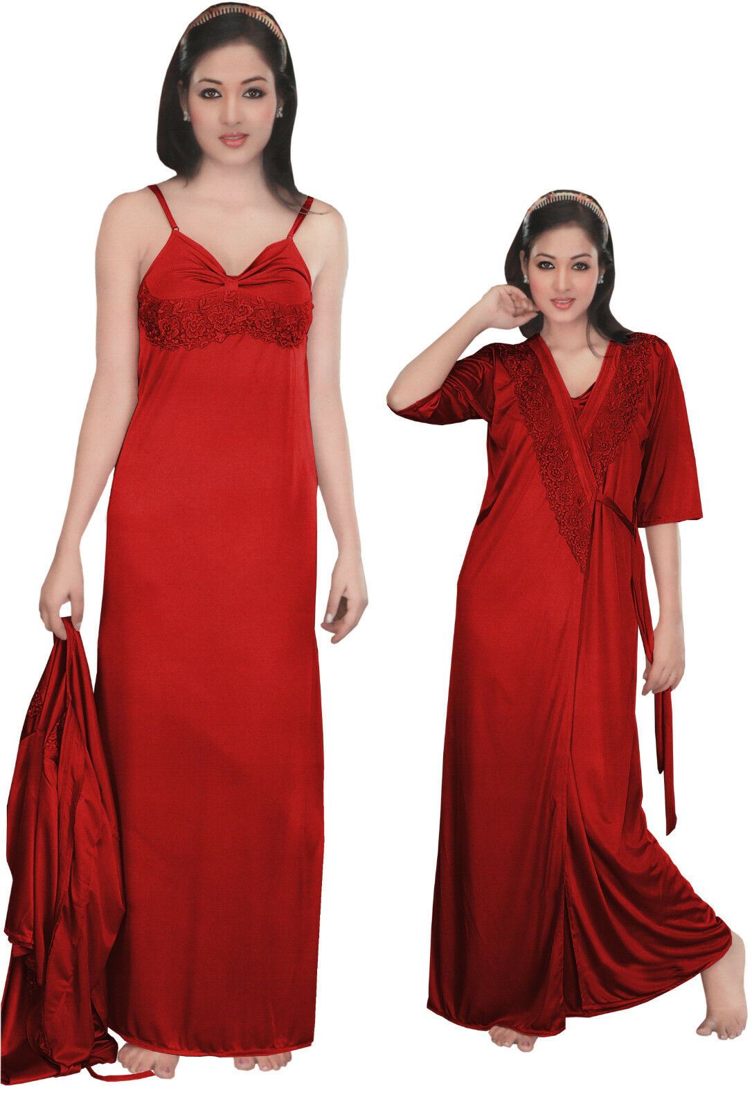 Red / One Size: Regular Women Strappy 2 Pcs Satin Long Nighty and Robe The Orange Tags