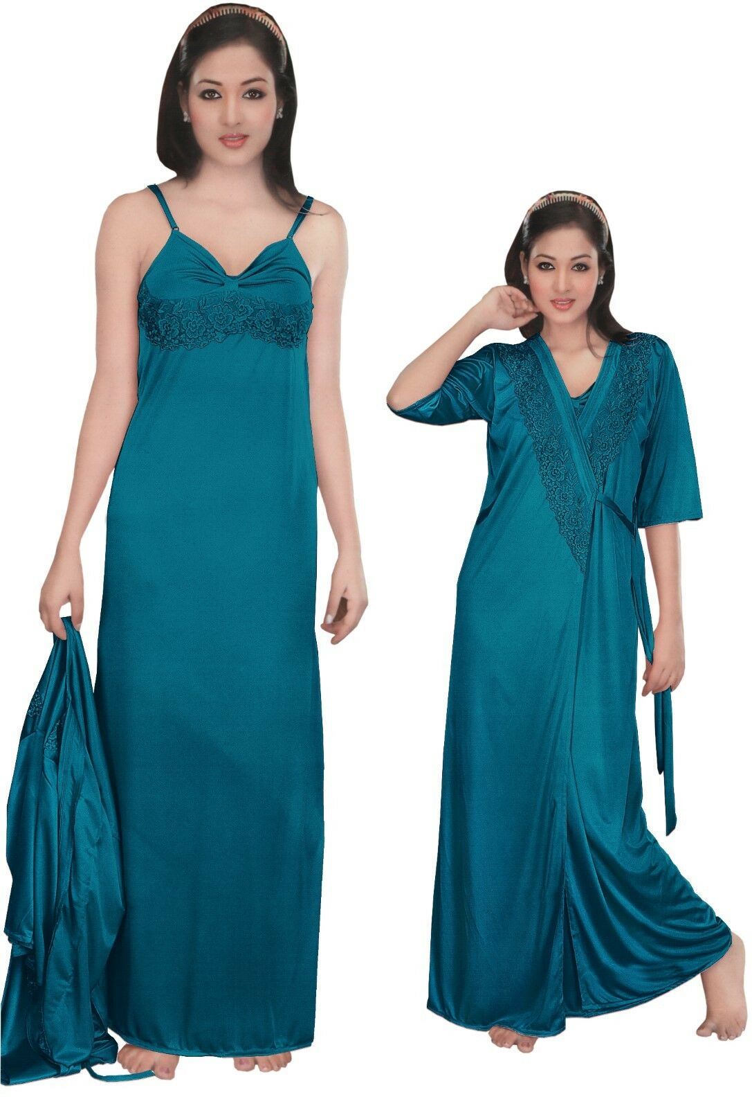 Teal / One Size: Regular Women Strappy 2 Pcs Satin Long Nighty and Robe The Orange Tags