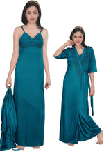 Load image into Gallery viewer, Teal / One Size: Regular Women Strappy 2 Pcs Satin Long Nighty and Robe The Orange Tags
