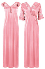 Charger l&#39;image dans la galerie, Baby Pink / One Size LADIES SATIN LACE LONG SLEEVE PLUS SIZE NIGHTIE NIGHTWEAR SET ROBE 2PC 8-28 The Orange Tags
