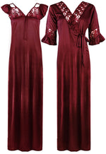 Charger l&#39;image dans la galerie, Deep Red / One Size LADIES SATIN LACE LONG SLEEVE PLUS SIZE NIGHTIE NIGHTWEAR SET ROBE 2PC 8-28 The Orange Tags

