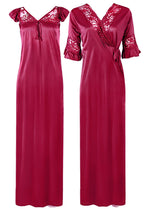 Load image into Gallery viewer, Fuchsia / One Size LADIES SATIN LACE LONG SLEEVE PLUS SIZE NIGHTIE NIGHTWEAR SET ROBE 2PC 8-28 The Orange Tags

