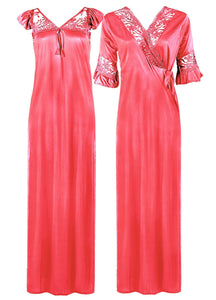 Coral Pink / One Size LADIES SATIN LACE LONG SLEEVE PLUS SIZE NIGHTIE NIGHTWEAR SET ROBE 2PC 8-28 The Orange Tags