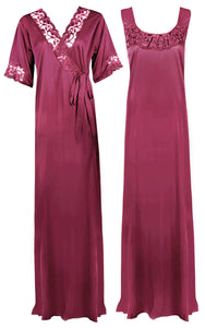 Pink / XL Women Plus Size 2 Pc Satin Nightdress The Orange Tags
