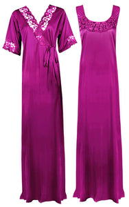 Purple / XXL Women Plus Size 2 Pc Satin Nightdress The Orange Tags