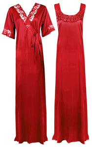 Red / XXL Women Plus Size 2 Pc Satin Nightdress The Orange Tags