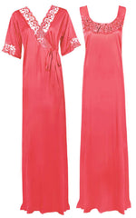 Load image into Gallery viewer, Coral Pink / XL Women Plus Size 2 Pc Satin Nightdress The Orange Tags
