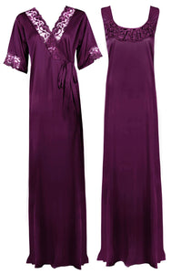 Dark Purple / XXL Women Plus Size 2 Pc Satin Nightdress The Orange Tags