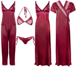 Afbeelding in Gallery-weergave laden, Cerise / One Size 6 Piece Satin Nightwear Set with Lingeries The Orange Tags

