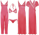 Charger l&#39;image dans la galerie, Pink / One Size 6 Piece Satin Nightwear Set with Lingeries The Orange Tags
