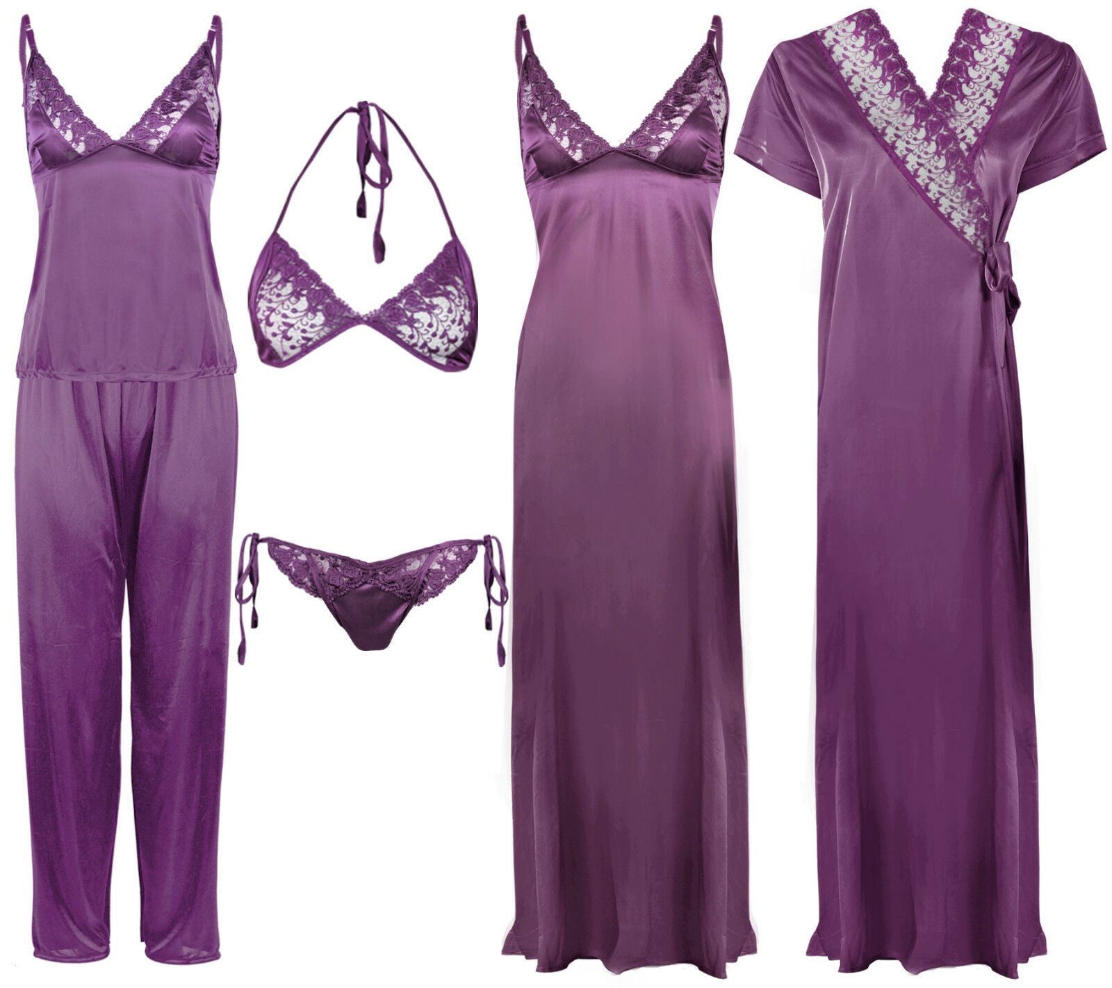 Light Purple / One Size 6 Piece Satin Nightwear Set with Lingeries The Orange Tags