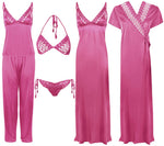 Charger l&#39;image dans la galerie, Rose Pink / One Size 6 Piece Satin Nightwear Set with Lingeries The Orange Tags
