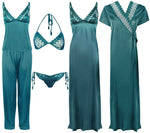 Charger l&#39;image dans la galerie, Teal / One Size 6 Piece Satin Nightwear Set with Lingeries The Orange Tags
